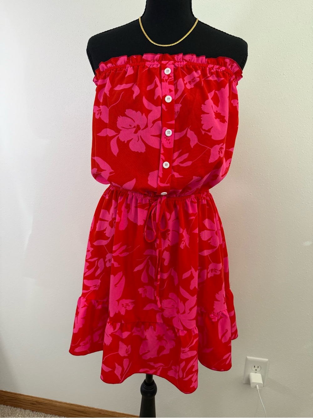 Pink Red Tropical Floral Strapless Dress Elastic Waist Ruffle Hem S M